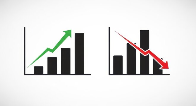 Bar graph showing financial growth with green arrow and economic decline with red arrow down