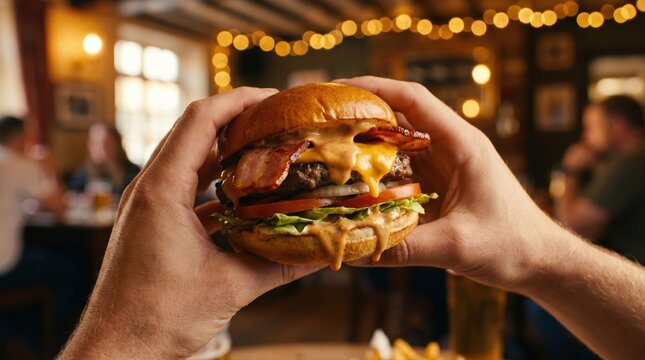 Hands hold a juicy cheeseburger with fresh lettuce and tomato in a warm restaurant setting. Fast food indulgence, comfort meal concept, casual dining experience, savory taste enjoyment.