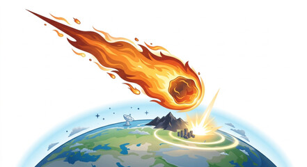 A flaming meteorite crashing into the surface of planet earth in a dynamic vector illustration. © Ziqri