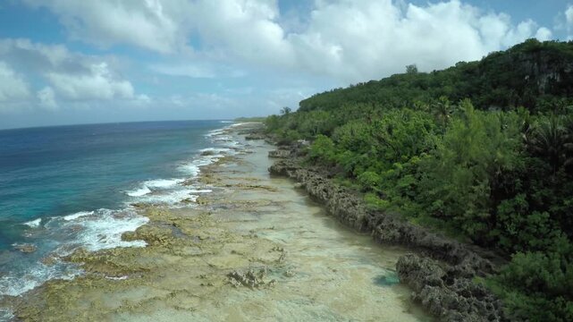 Aerial drone footage, island coast, Rota, Mariana Islands