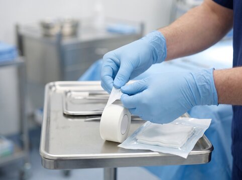 Medical Professional Preparing Gauze and Tape for Wound Dressing