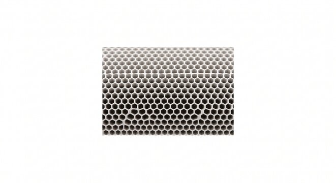 Extreme macro of a flexographic anilox roller surface. Micro-engraved ceramic cylinder showing a geometric honeycomb matrix of ink-carrying cells for commercial printing. Isolated on white.