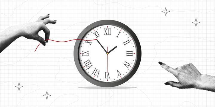 Collage banner with halftone hands and clock. Collage halftone hand pulls the clock arrow. Concept of time management and business planning. Vector.