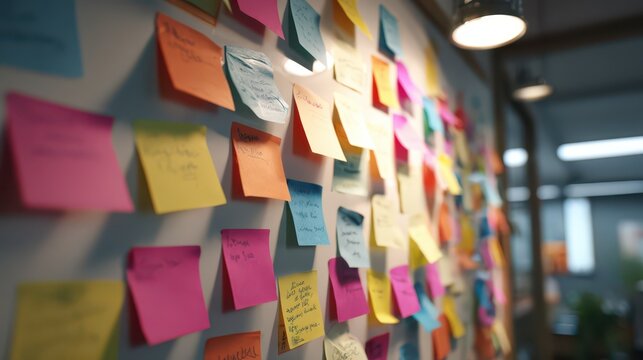 Colorful sticky note brainstorming wall background for office planning workshop and agile storyboard design