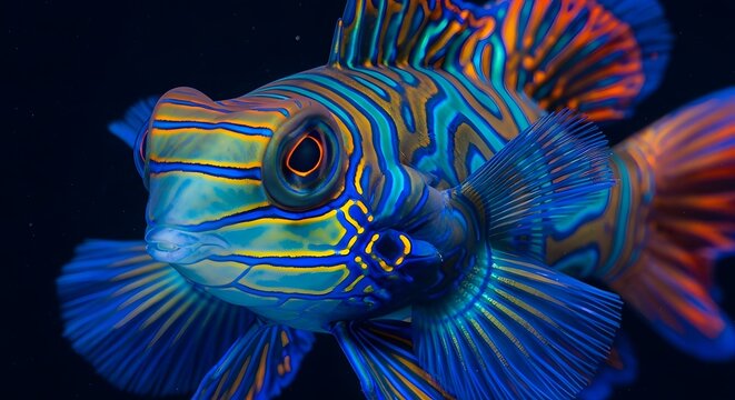 Vibrant Mandarin Fish swimming in deep blue ocean water with colorful patterns underwater