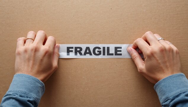 Hands Sealing Moving Box with Fragile Packing Tape Label