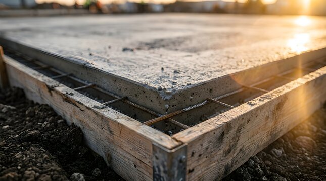 Closeup of a fresh concrete foundation slab with wooden formwork and steel reinforcement bars at a construction site