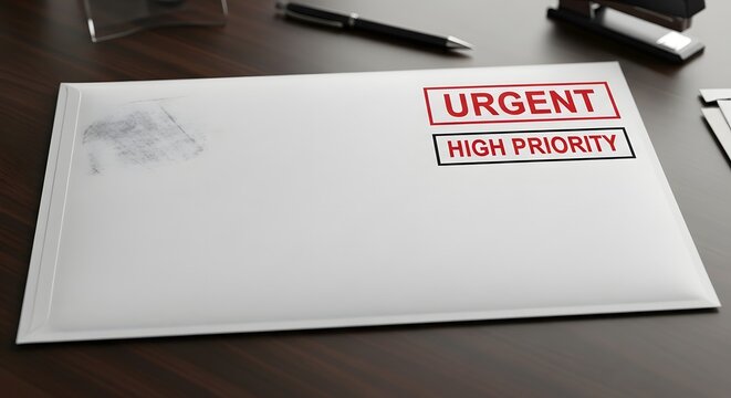 White envelope marked urgent high priority on a dark wooden desk with office supplies