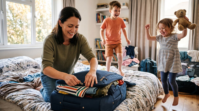 Family packing suitcase for vacation with excited children jumping on bed