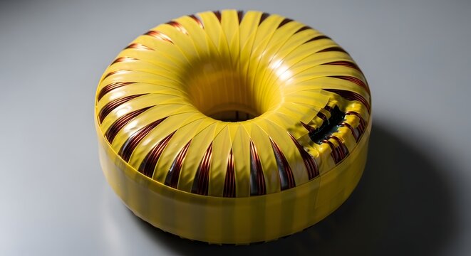 Yellow Toroidal Inductor Coil with Copper Wire during Studio Lighting