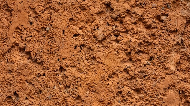 Close up of rough textured orange clay or mud wall surface, natural earthy background with porous details and uneven patterns