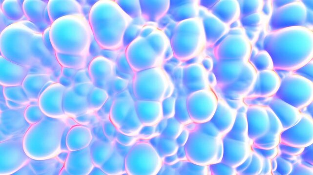 Soft rounded blue forms drift and shift through a dense glowing field, with pink edge highlights, layered depth, smooth surfaces, and continuous fluid motion filling the frame