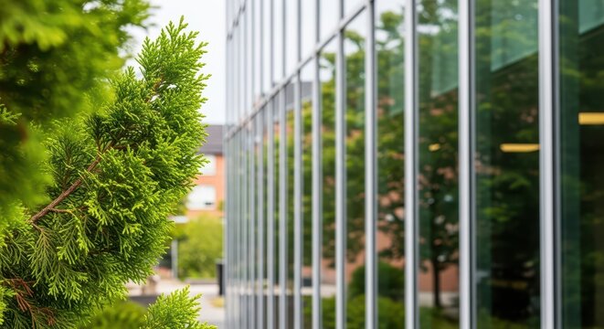 Close up of evergreen conifer branches next to a modern glass facade of a building