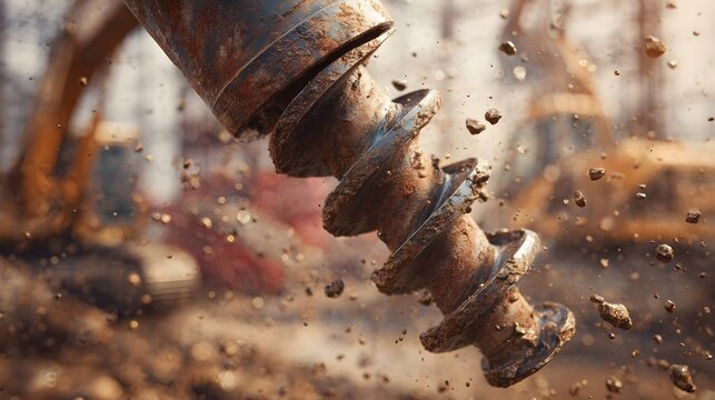 Rotating auger drill bit churning soil with flying dirt on site