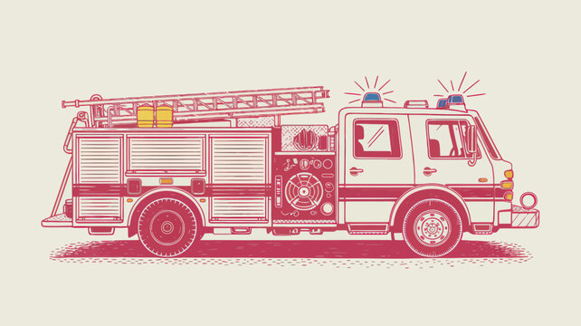 Vintage fire truck illustration, retro red fire engine with ladder, classic emergency vehicle vector for safety posters