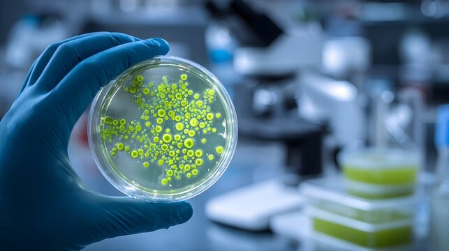 Gloved hand holding petri dish with green bacterial colonies in lab