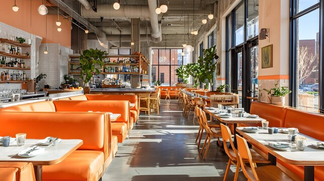 Bright industrial restaurant interior with orange booths, wooden chairs and plants