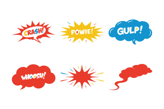 Bold comic sound words featuring crash powie and gulp speech bubbles on white background ready for book designs and cartoon assets.