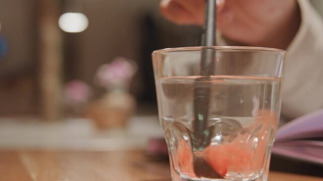 Close up of glass being filled with pink liquid likely water or juice. hand holding object dips into clear drink container on wooden surface background elements like soft lighting