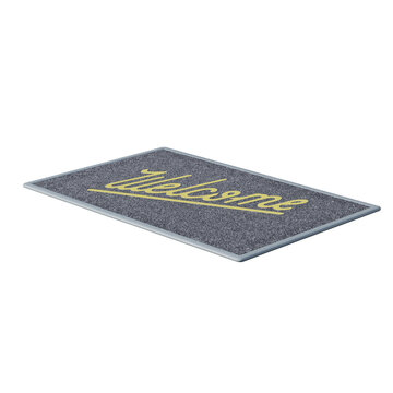 A grey rectangular doormat with the word welcome written in a yellow cursive font isolated on white background.