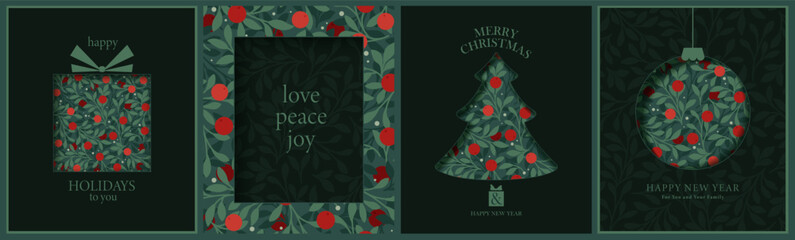 Naklejka premium Merry Christmas greeting card template in retro paper cut style. Christmas tree, gift, bauble,lettering vector winter holiday background. New Year, holiday greetings. Botanical green and red pattern. 