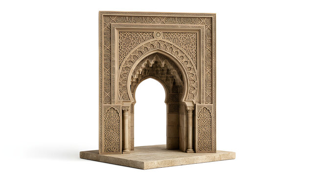 Ornate Moorish stone archway with intricate Islamic geometric carvings on white background