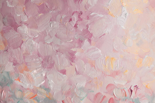 Art oil, acrylic smear blot canvas painting wall. Abstract texture pink, orange pink pastel color stain brush stroke texture background.