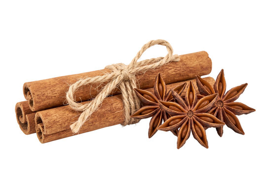 Cinnamon sticks tied with twine and star anise spices