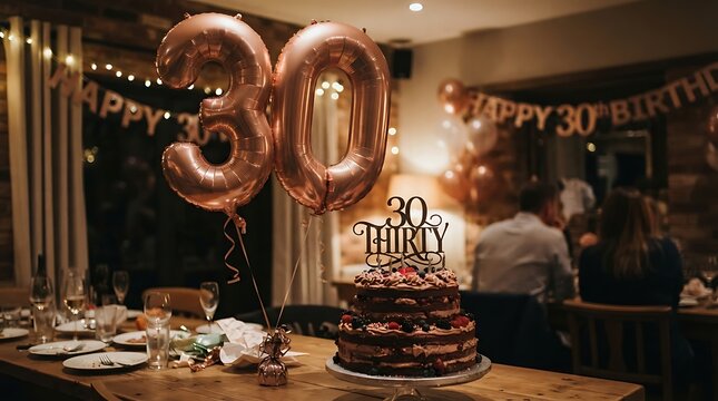 Thirtieth birthday celebration with cake and balloons in a restaurant