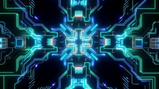 Symmetrical neon circuit pattern pulses and shifts across black background, with cyan, green, blue and magenta traces radiating from a bright geometric center in mirrored motion