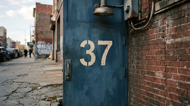 Blue door with number 37 in urban alleyway setting