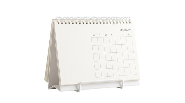 Minimalist white desk calendar for January, clean spiral bound tabletop organizer, blank monthly planner mockup for office schedule