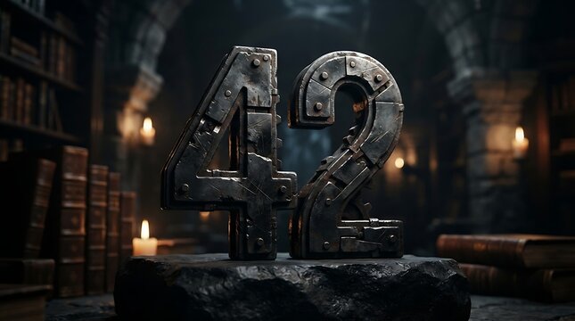 Industrial metal number 42 on a stone pedestal in a dark library