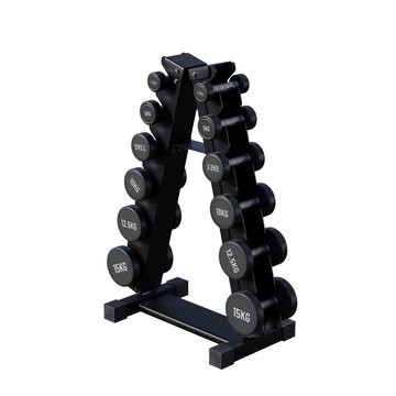 A-frame dumbbell rack with a set of various weights isolated on white background.