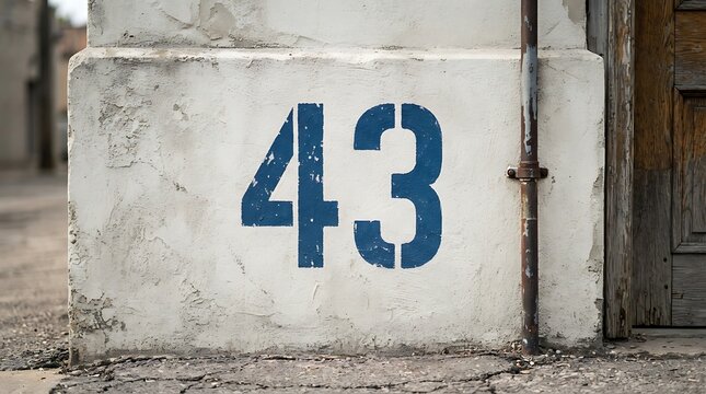 Weathered concrete wall with blue house number 43 in urban setting