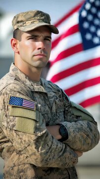 Serious U.S. Marine in Camouflage Uniform with Crossed Arms and American Flag