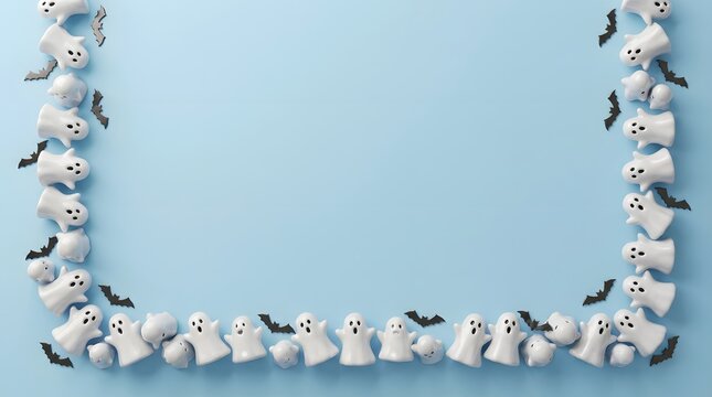A festive Halloween frame featuring small white ceramic ghost figurines and black paper bats arranged neatly along the edges against a soft light blue background.