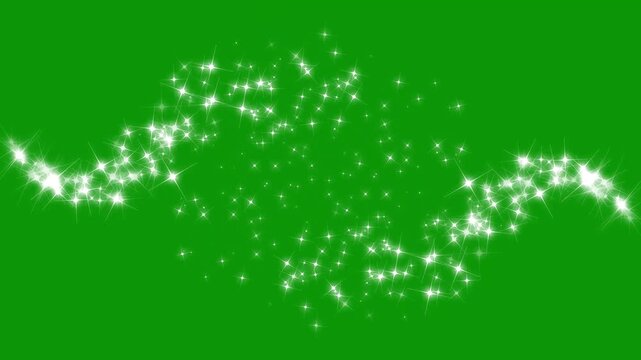 Glitter star sparkle effects as white cartoon blinking stars scatter across a glowing starlight dust line, glowing star particles burst, star sparkle vector doodles on green screen .4k video