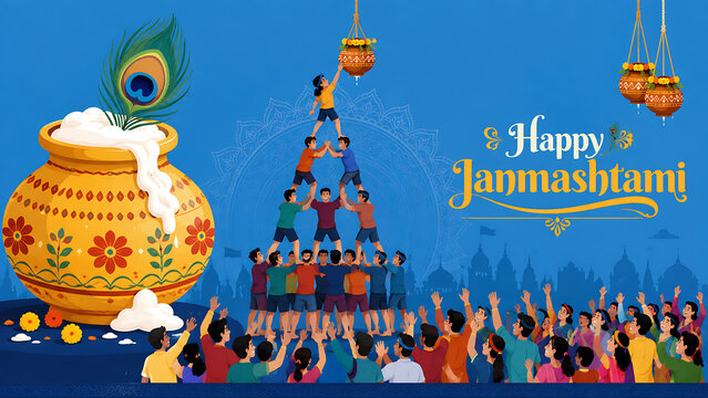 Festive human pyramid reaching for a hanging butter pot to celebrate the joyful dahi handi festival of lord krishna during krishna janmashtami