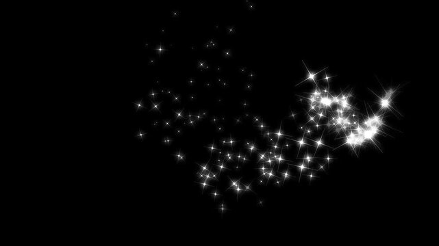 Glowing glitter trail animation, fairy dust wand glitter stars trail transition, pixie dust path, magic dust, fairy sparkle stars, white glitter wand sparkles on black background. 4K video
