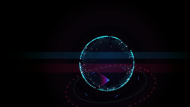 Glowing blue digital dotted sphere with abstract light circles on a dark background representing modern technology connectivity and cyberspace data 4K Motion Video