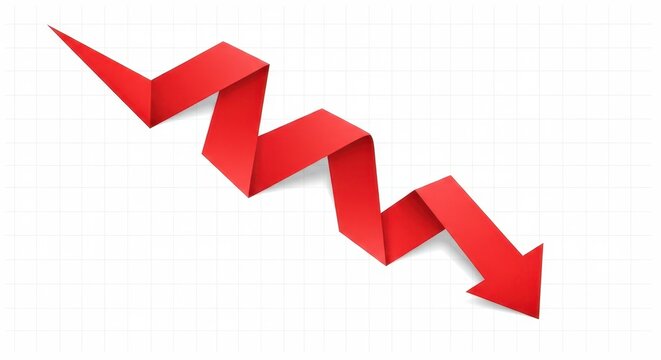 Red zigzag arrow pointing downwards on a white grid background, representing financial decline