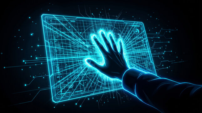 Hand interacting with a glowing blue digital interface on a dark background