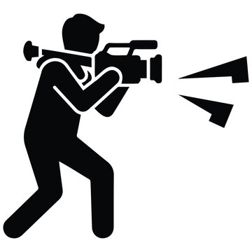 Professional cameraman carrying heavy video camera for outdoor shoot vector silhouette art.