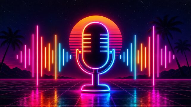 Neon 80s retro classic microphone with colorful sound waves, creating a vibrant podcast and radio broadcasting concept.