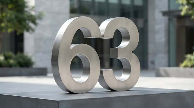 Large metal number 63 sculpture on concrete pedestal outside modern building