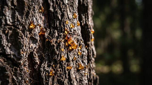 Close-up of tree bark with glistening amber resin droplets in sunlight