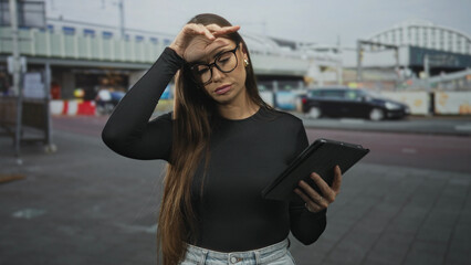 Woman taps tablet with finger on street outside a train station, holding the device and later rubbing her forehead  frustration commute. © Krakenimages.com