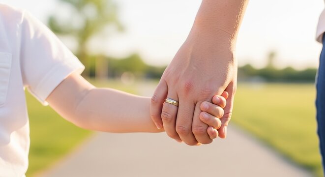 Parent hand holding child hand in park during sunny day. Parent hand holding child hand shows guidance, protection, and unconditional love.