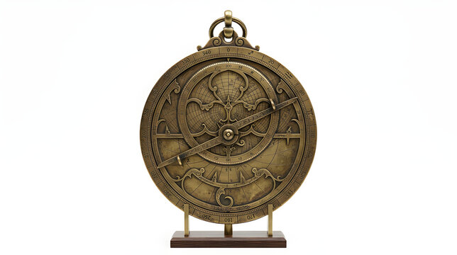 Antique brass astrolabe instrument on a wooden stand isolated on white background